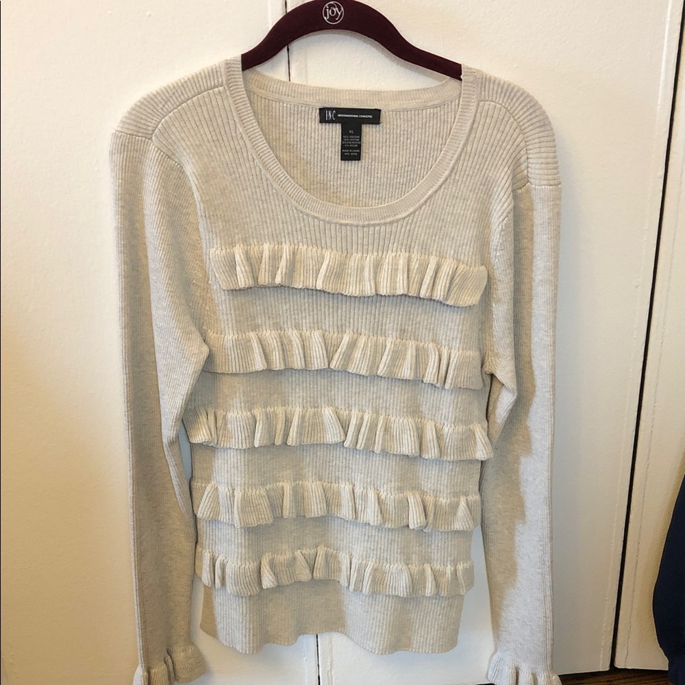 INC International Concepts Cream Ruffle-Front Crewneck Sweater